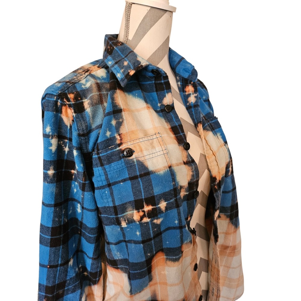 American Eagle Custom Bleached Flannel Shirt Blue Plaid Distressed Women Medium